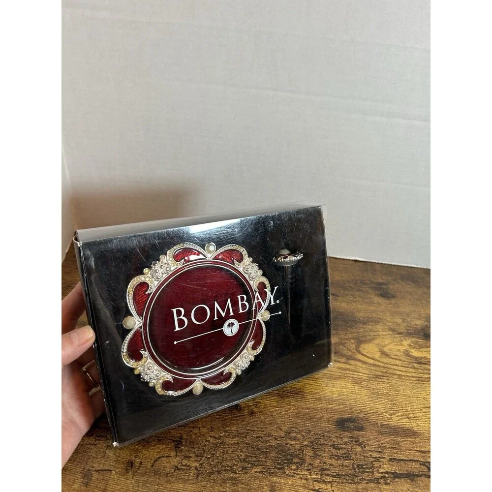 Bombay Scarlett Wine Coaster & Bottle Stopper Set Red Enamel Silver Tone Gift